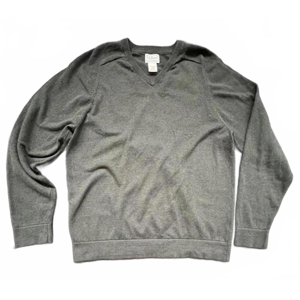 LL Bean V-Neck Sweater Gray Cotton Cashmere Blend Raglan Sleeve Medium M-REG